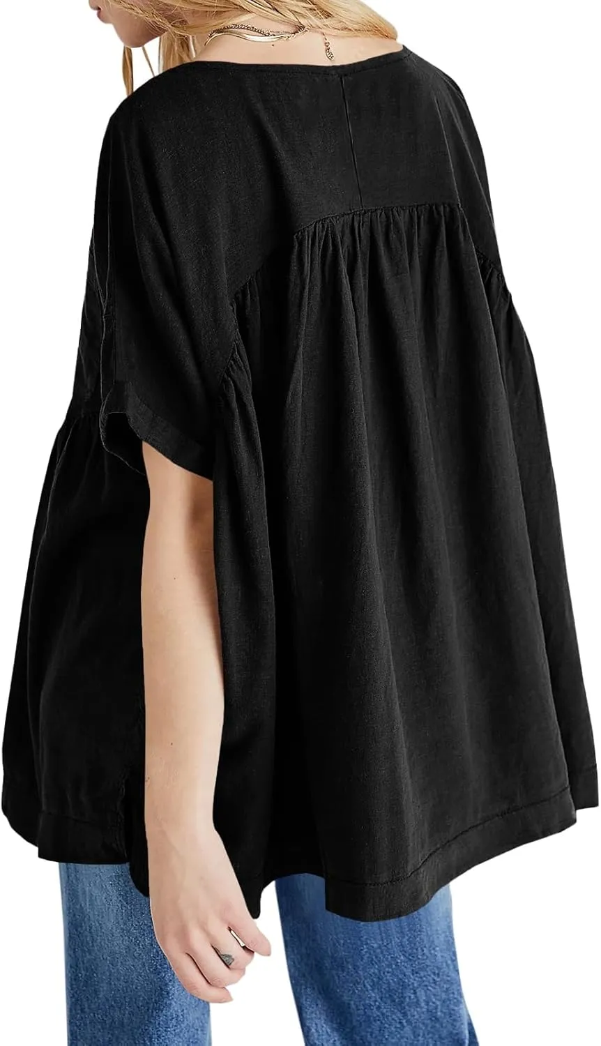 Tankaneo Womens V Neck Babydoll Tops Summer Short Sleeve Oversized Tshirts Casual Loose Fit Peplum Tunic Shirts