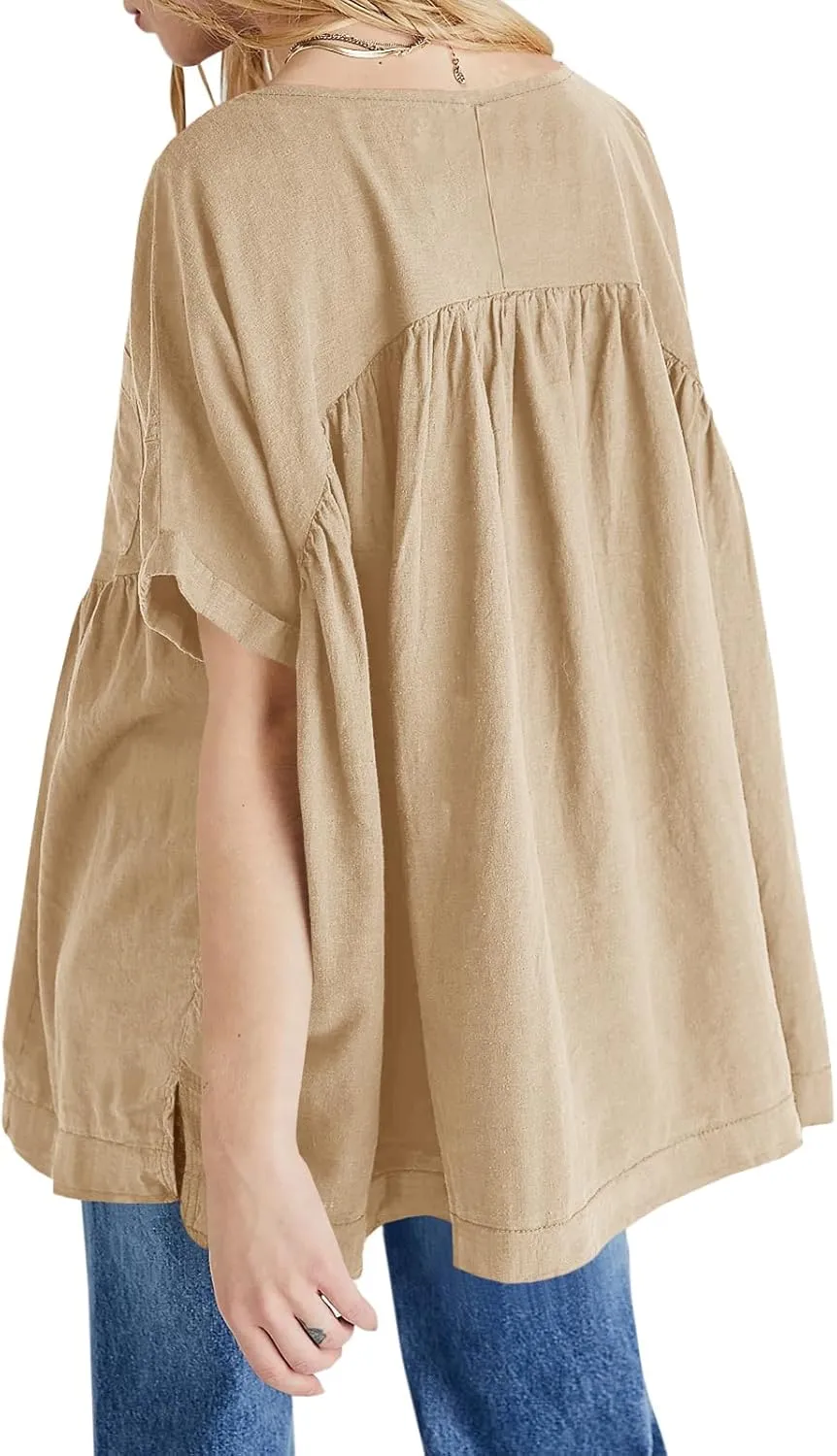 Tankaneo Womens V Neck Babydoll Tops Summer Short Sleeve Oversized Tshirts Casual Loose Fit Peplum Tunic Shirts