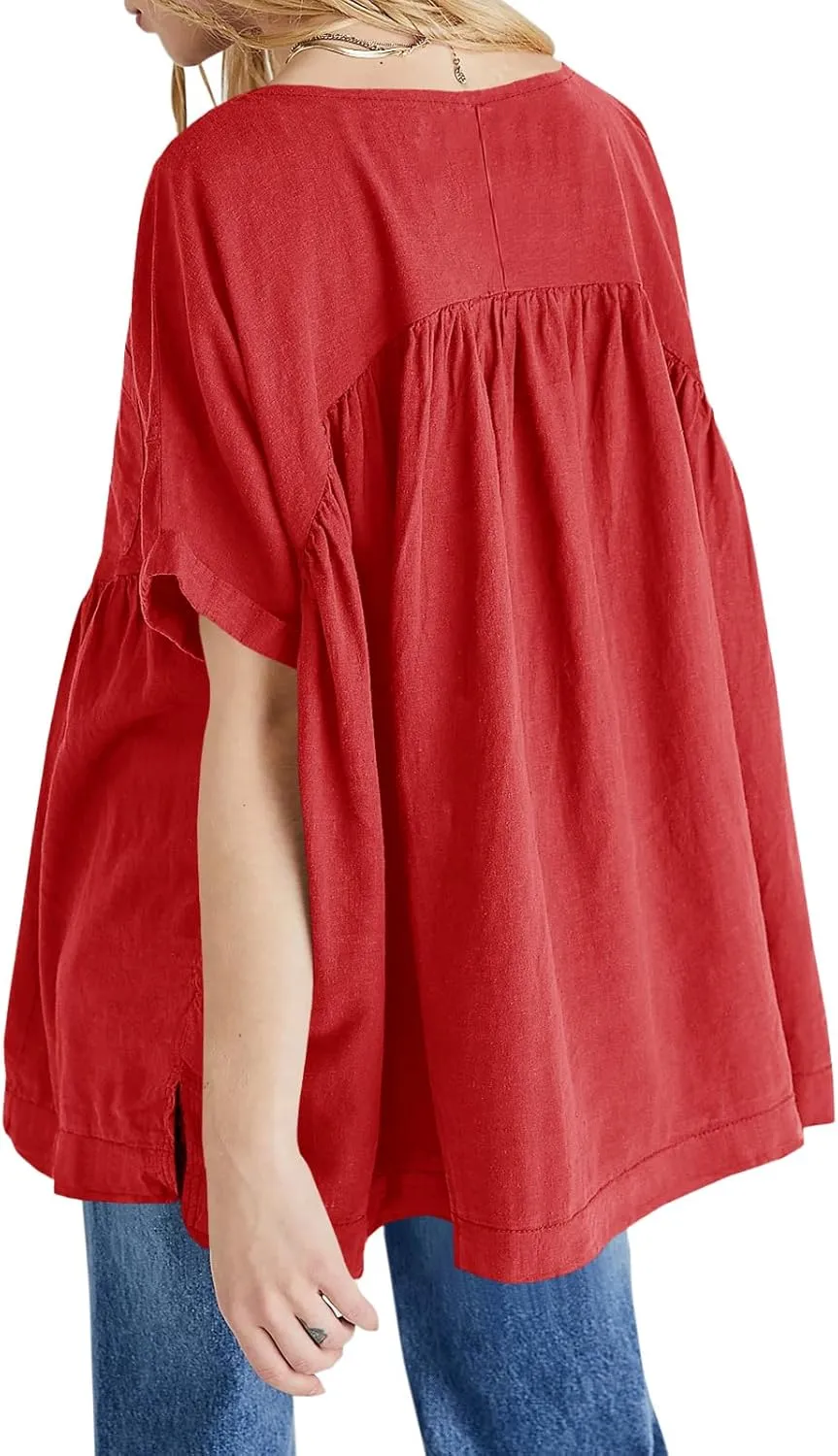 Tankaneo Womens V Neck Babydoll Tops Summer Short Sleeve Oversized Tshirts Casual Loose Fit Peplum Tunic Shirts