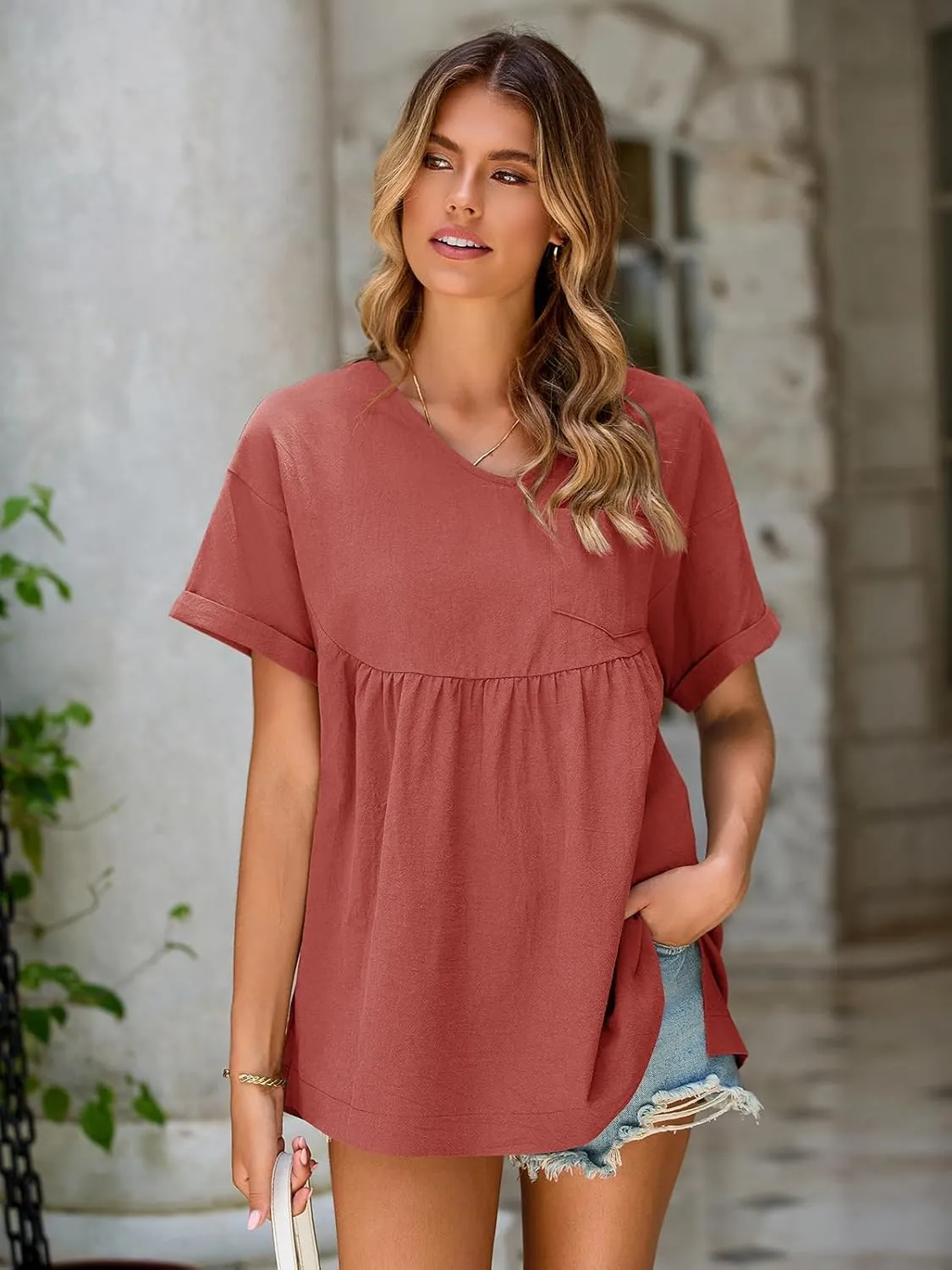 Tankaneo Womens V Neck Babydoll Tops Summer Short Sleeve Oversized Tshirts Casual Loose Fit Peplum Tunic Shirts