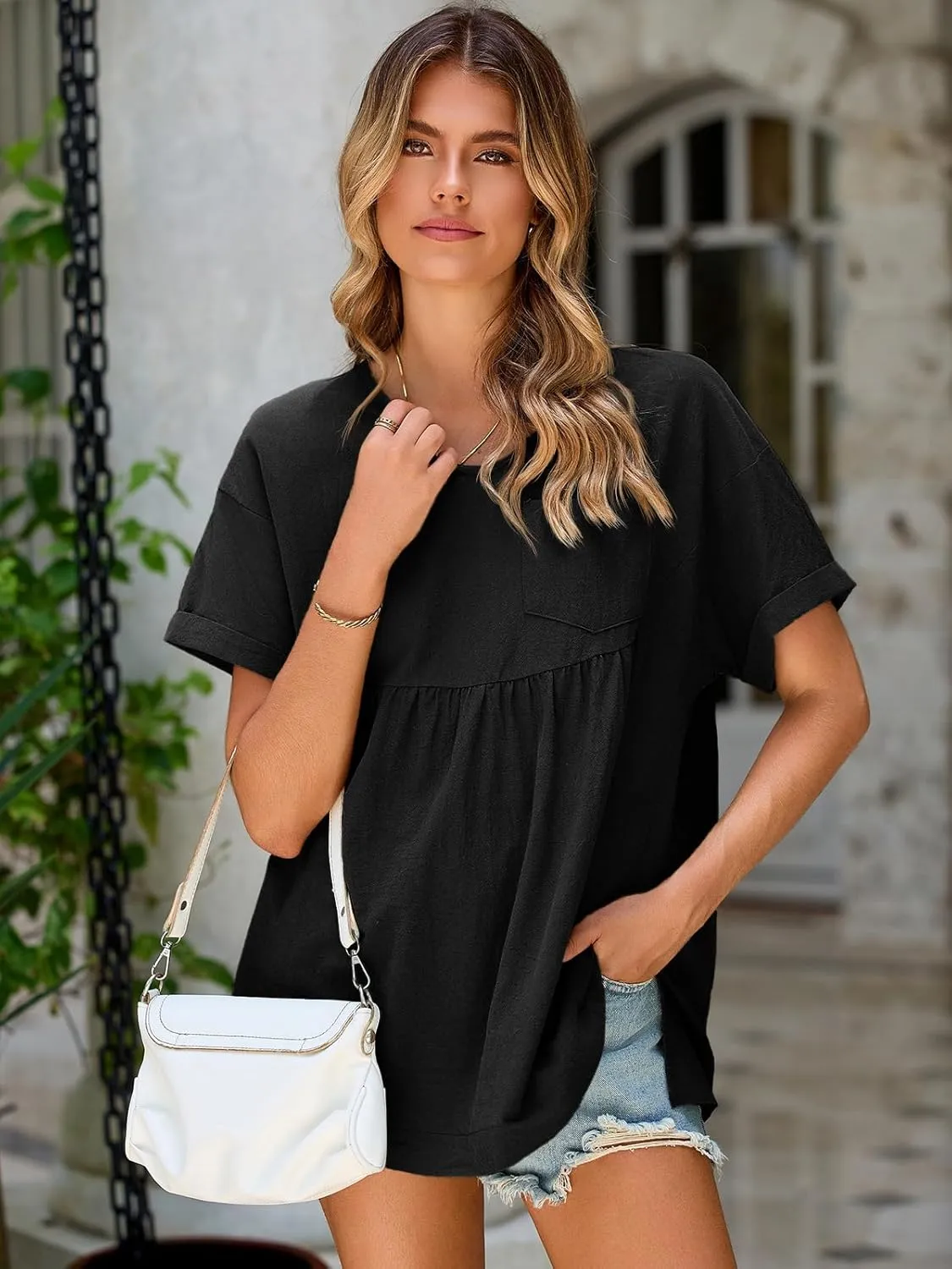 Tankaneo Womens V Neck Babydoll Tops Summer Short Sleeve Oversized Tshirts Casual Loose Fit Peplum Tunic Shirts
