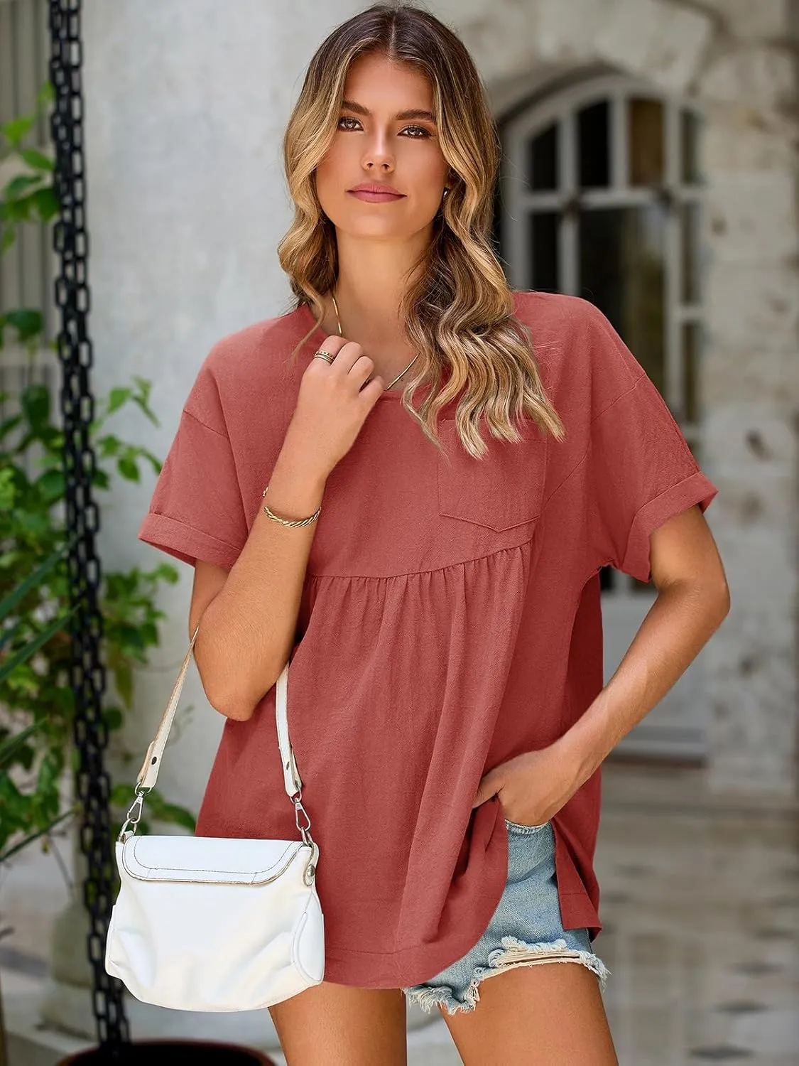 Tankaneo Womens V Neck Babydoll Tops Summer Short Sleeve Oversized Tshirts Casual Loose Fit Peplum Tunic Shirts