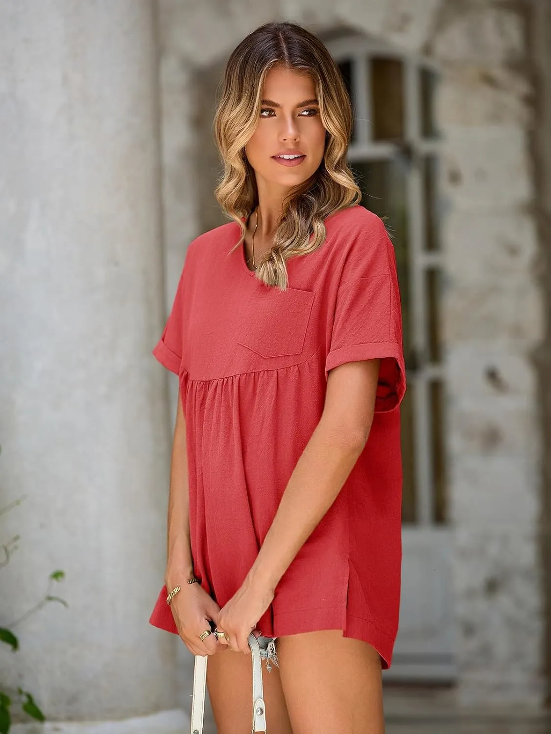 Tankaneo Womens V Neck Babydoll Tops Summer Short Sleeve Oversized Tshirts Casual Loose Fit Peplum Tunic Shirts