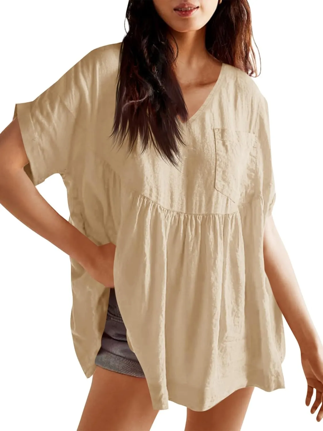 Tankaneo Womens V Neck Babydoll Tops Summer Short Sleeve Oversized Tshirts Casual Loose Fit Peplum Tunic Shirts