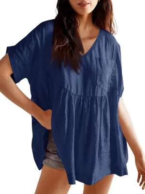 Tankaneo Womens V Neck Babydoll Tops Summer Short Sleeve Oversized Tshirts Casual Loose Fit Peplum Tunic Shirts