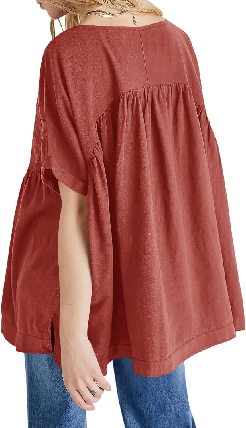 Tankaneo Womens V Neck Babydoll Tops Summer Short Sleeve Oversized Tshirts Casual Loose Fit Peplum Tunic Shirts