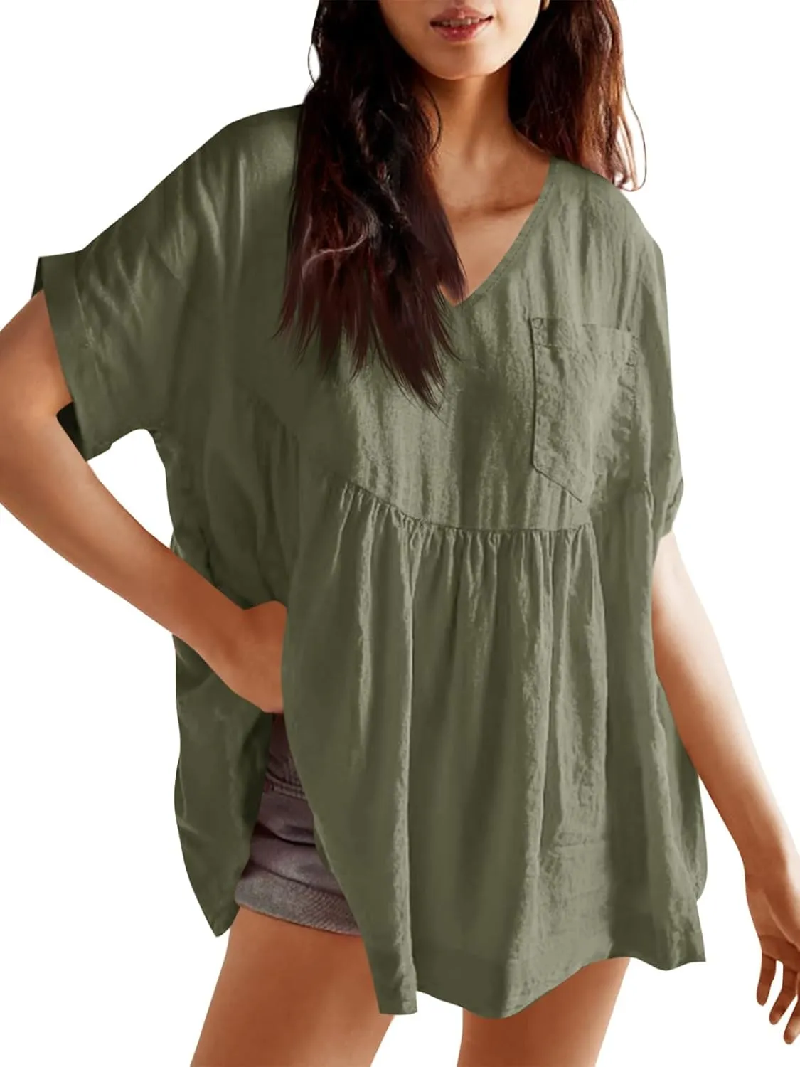 Tankaneo Womens V Neck Babydoll Tops Summer Short Sleeve Oversized Tshirts Casual Loose Fit Peplum Tunic Shirts