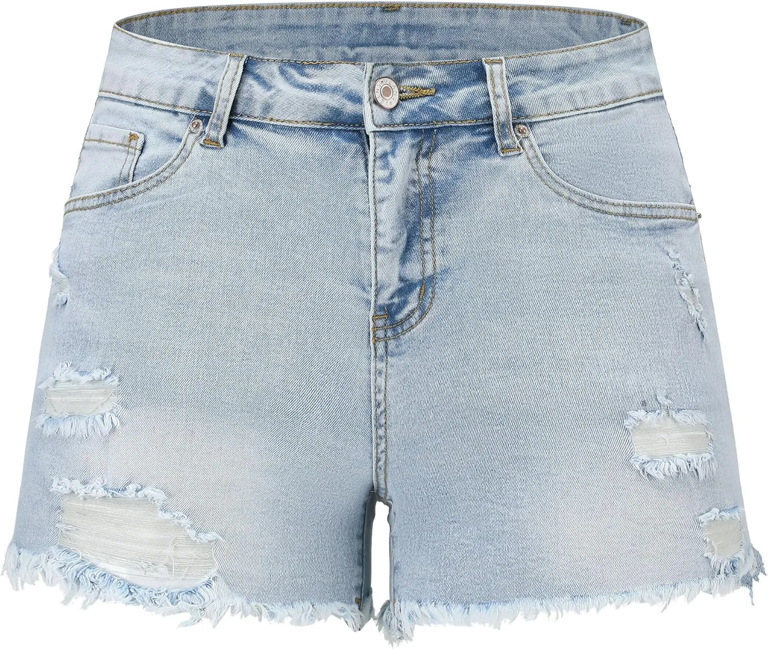 THUNDER STAR Women Mid Rise Ripped Stretchy Jeans Shorts Frayed Raw Hem Casual Denim Shorts