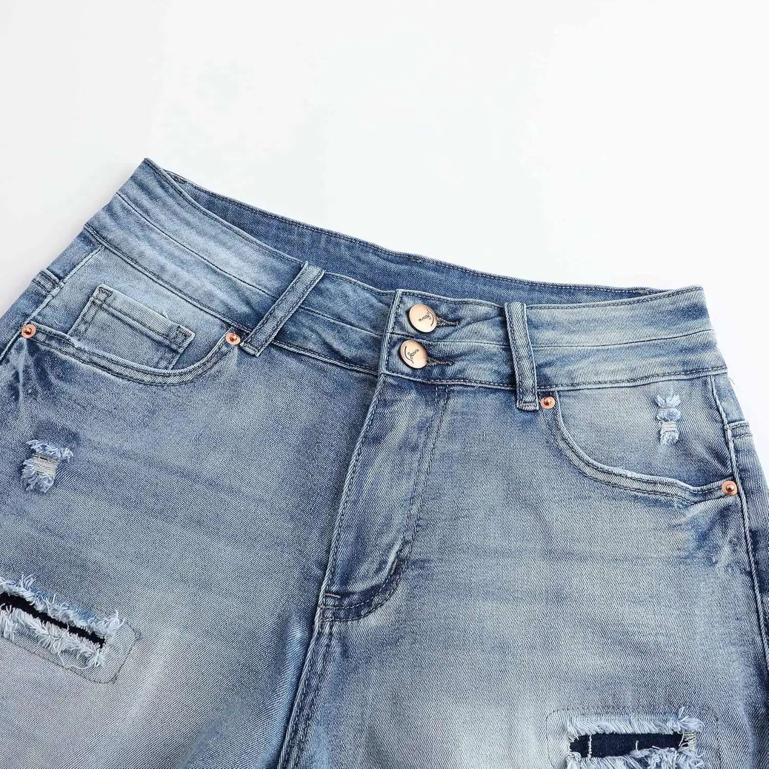 THUNDER STAR Women Mid Rise Ripped Stretchy Jeans Shorts Frayed Raw Hem Casual Denim Shorts