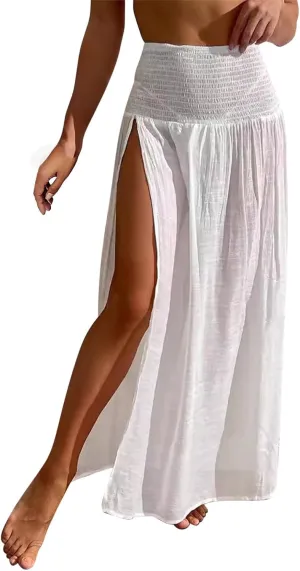 TUNUSKAT Womens Summer Sheer Beach Long Skirts Sexy High Slit See Through Bikini Cover Up Smocked High Waist Boho Flowy Skirt
