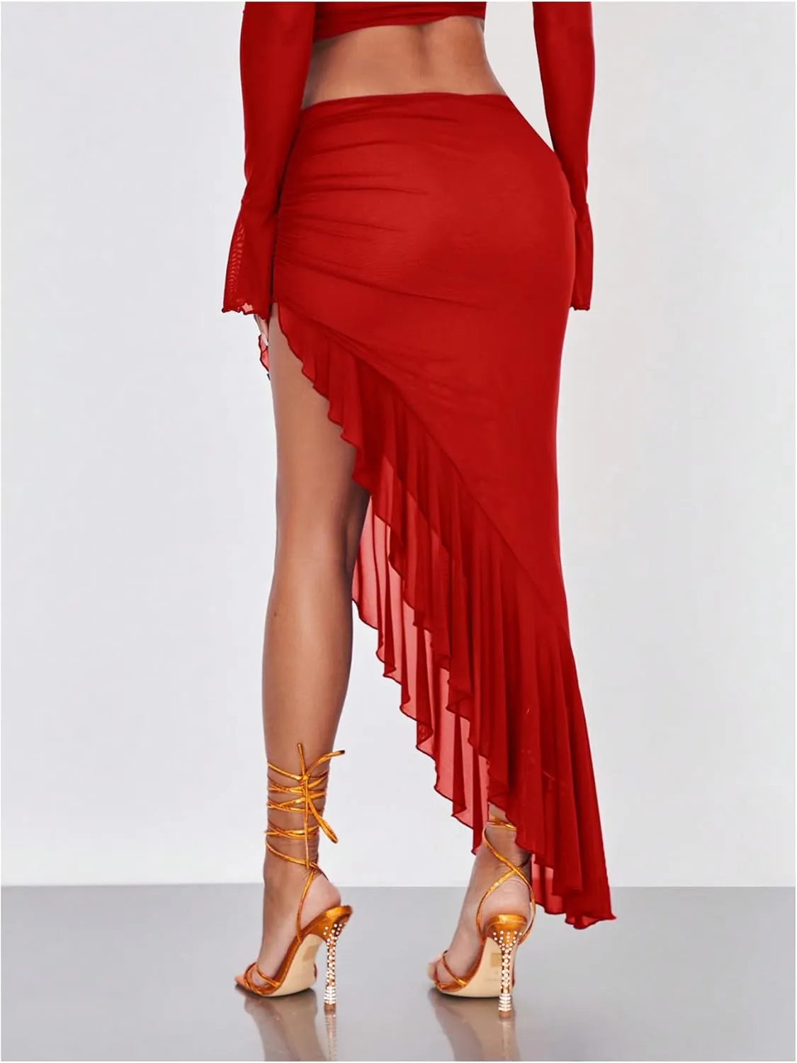 Verdusa Women's Asymmetrical High Slit Mesh Long Skirts Ruffle Hem Ruched Flowy Bodycon Skirt