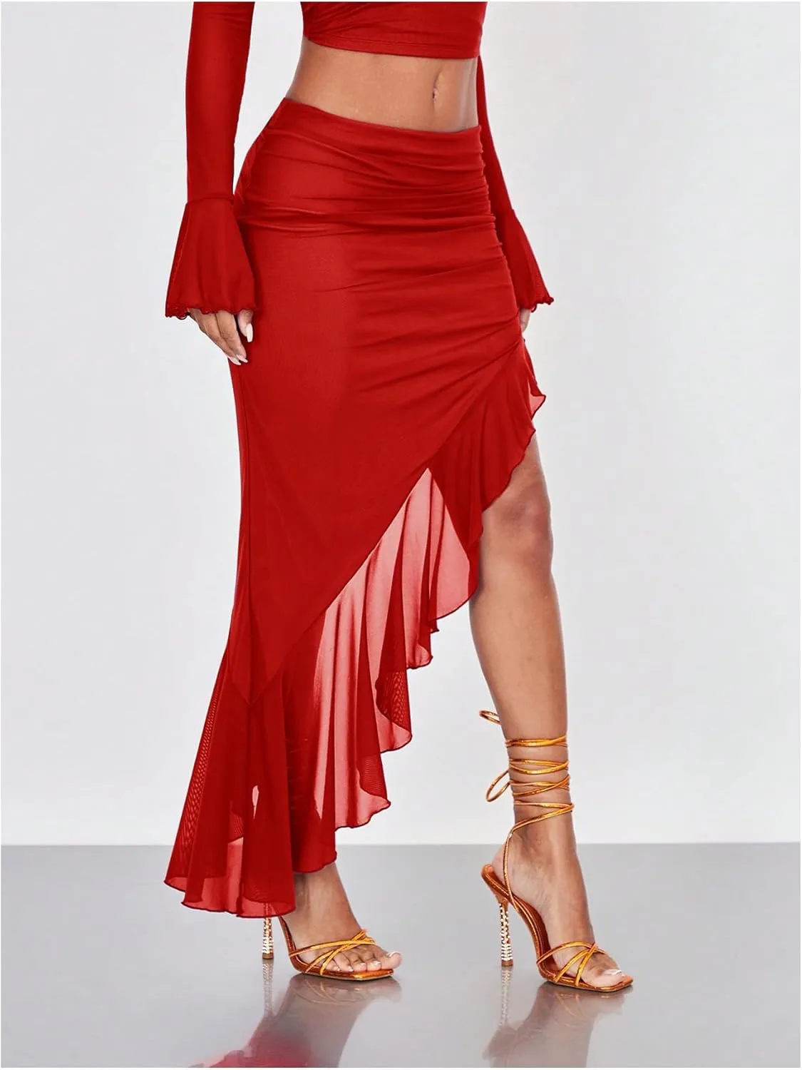 Verdusa Women's Asymmetrical High Slit Mesh Long Skirts Ruffle Hem Ruched Flowy Bodycon Skirt