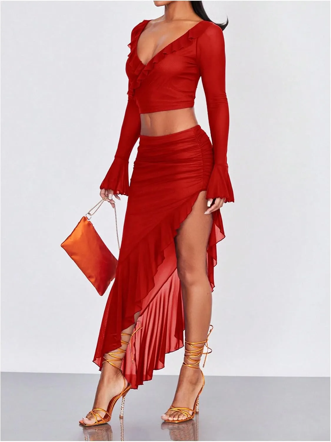 Verdusa Women's Asymmetrical High Slit Mesh Long Skirts Ruffle Hem Ruched Flowy Bodycon Skirt