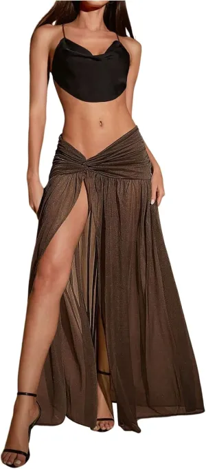 Verdusa Women's Mesh Sheer Twist Knot Maxi Skirt Flowy Drop Waist Split Thigh Long Skirt