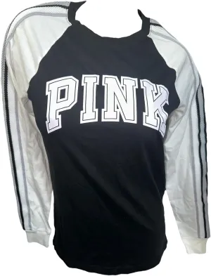 Victoria's Secret Pink Cotton Campus Long Sleeve Oversize Crew Neck Tee Size X-Small Color Black/White New