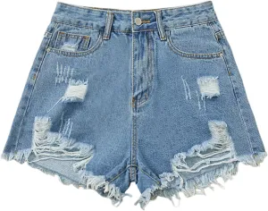 WDIRARA Women's High Waisted Ripped Distressed Denim Shorts Raw Hem Jean Shorts