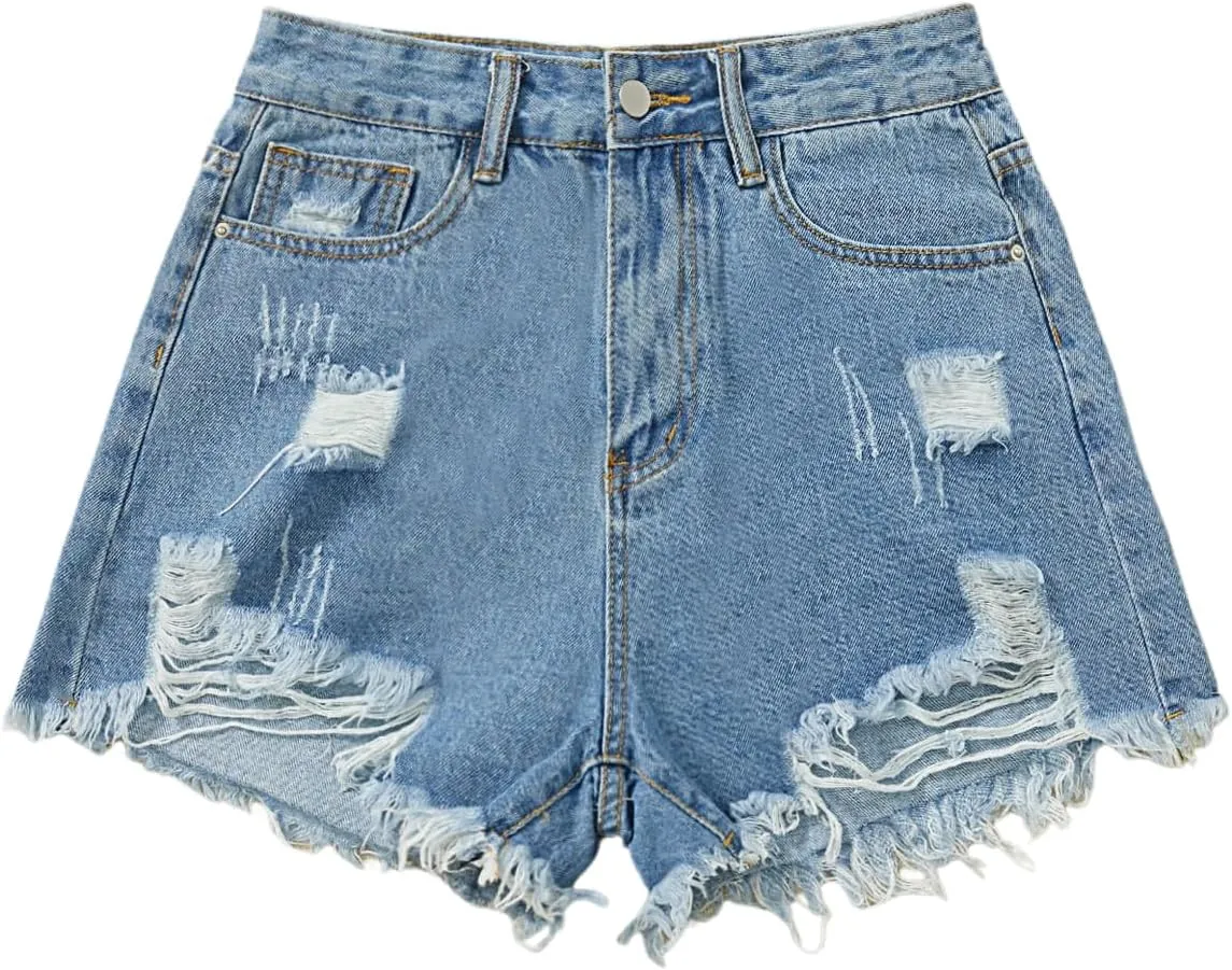 WDIRARA Women's High Waisted Ripped Distressed Denim Shorts Raw Hem Jean Shorts