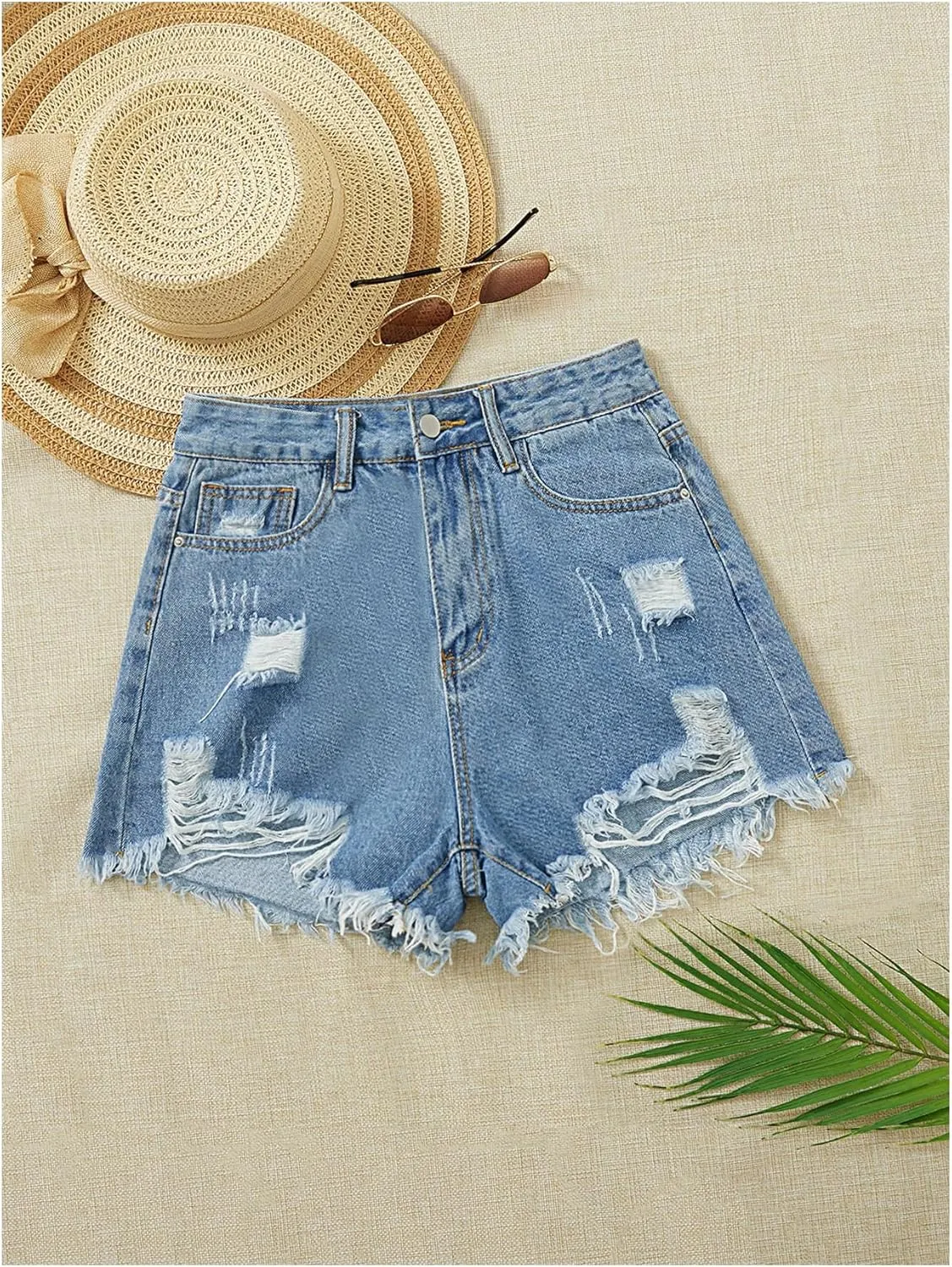 WDIRARA Women's High Waisted Ripped Distressed Denim Shorts Raw Hem Jean Shorts
