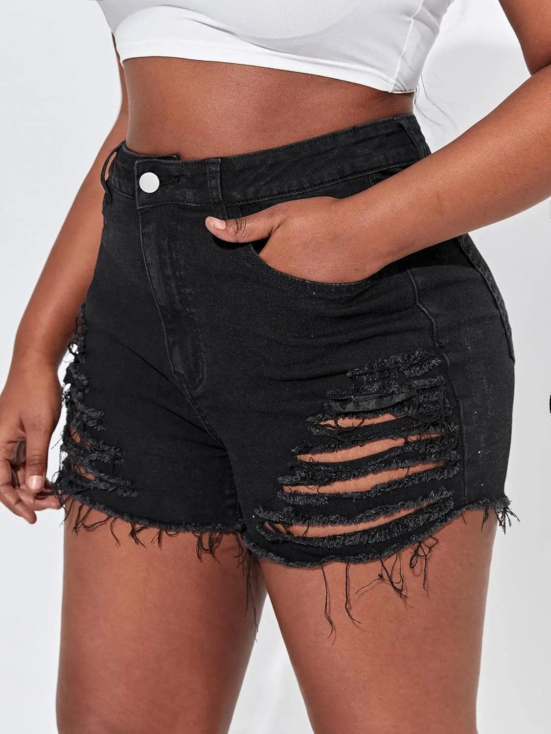 WDIRARA Women's High Waisted Ripped Jean Shorts Cut Out Raw Hem Denim Shorts
