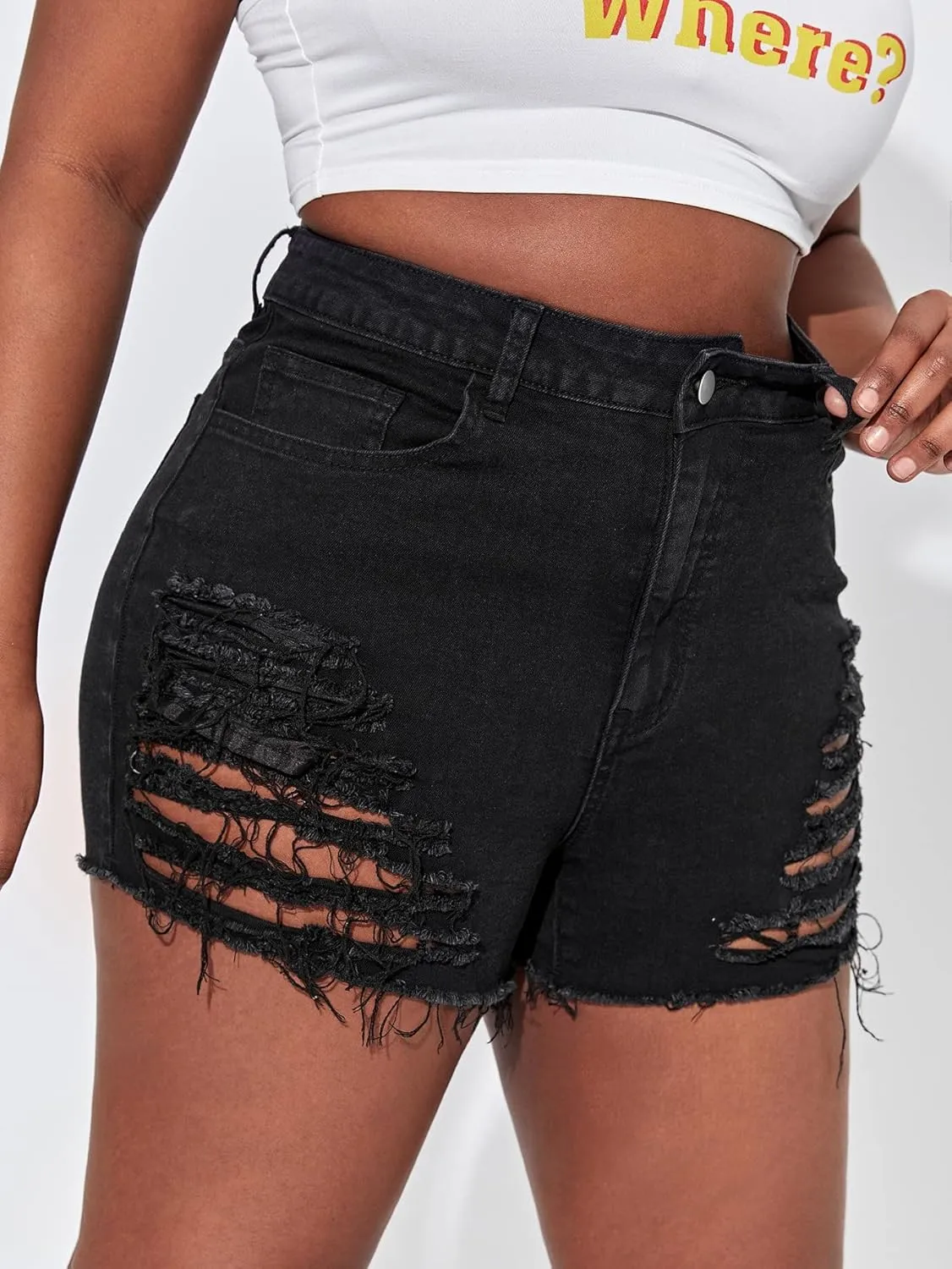 WDIRARA Women's High Waisted Ripped Jean Shorts Cut Out Raw Hem Denim Shorts