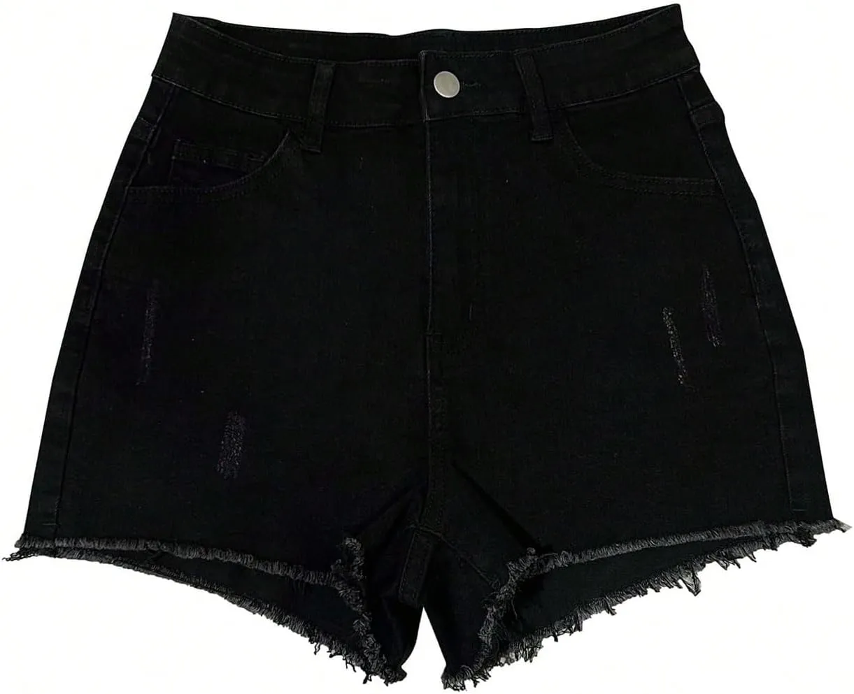 WDIRARA Women's High Waisted Skinny Denim Shorts Frayed Distressed Jean Shorts with Pockets