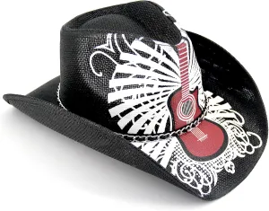 Western Rock Guitar Pattern Cowboy Hat Cowgirl Hat Men's Women's Music Straw Sun Hats Black