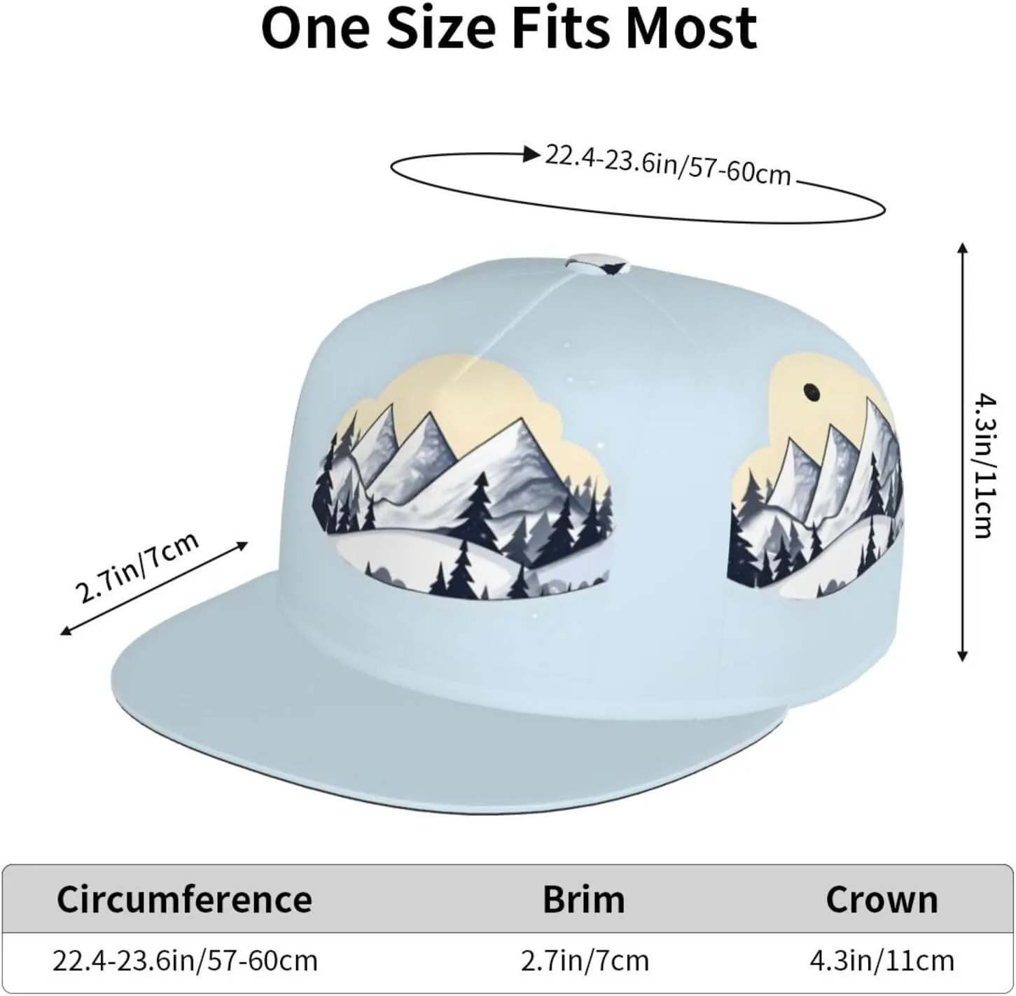 White Snowy Mountains Printed Baseball Cap, Flat Brim Hats for Men Women, Funny Adjustable Snapback Hats