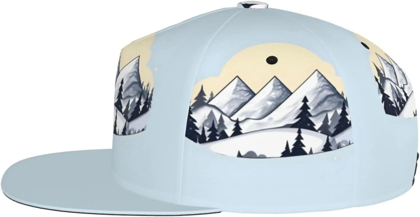White Snowy Mountains Printed Baseball Cap, Flat Brim Hats for Men Women, Funny Adjustable Snapback Hats
