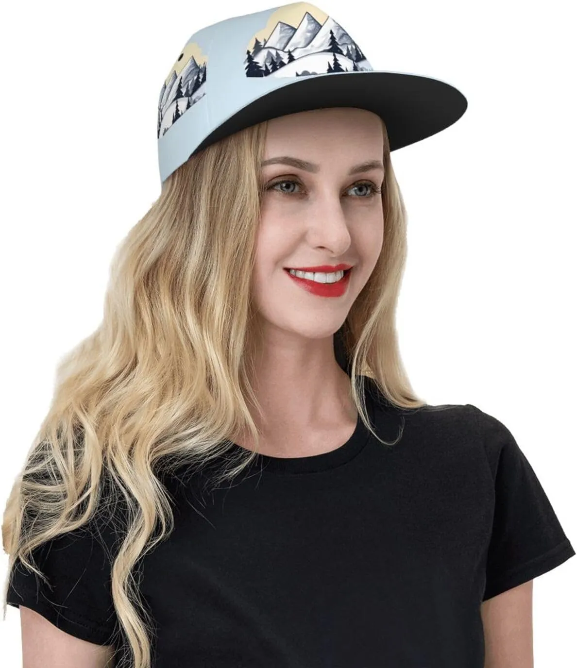 White Snowy Mountains Printed Baseball Cap, Flat Brim Hats for Men Women, Funny Adjustable Snapback Hats
