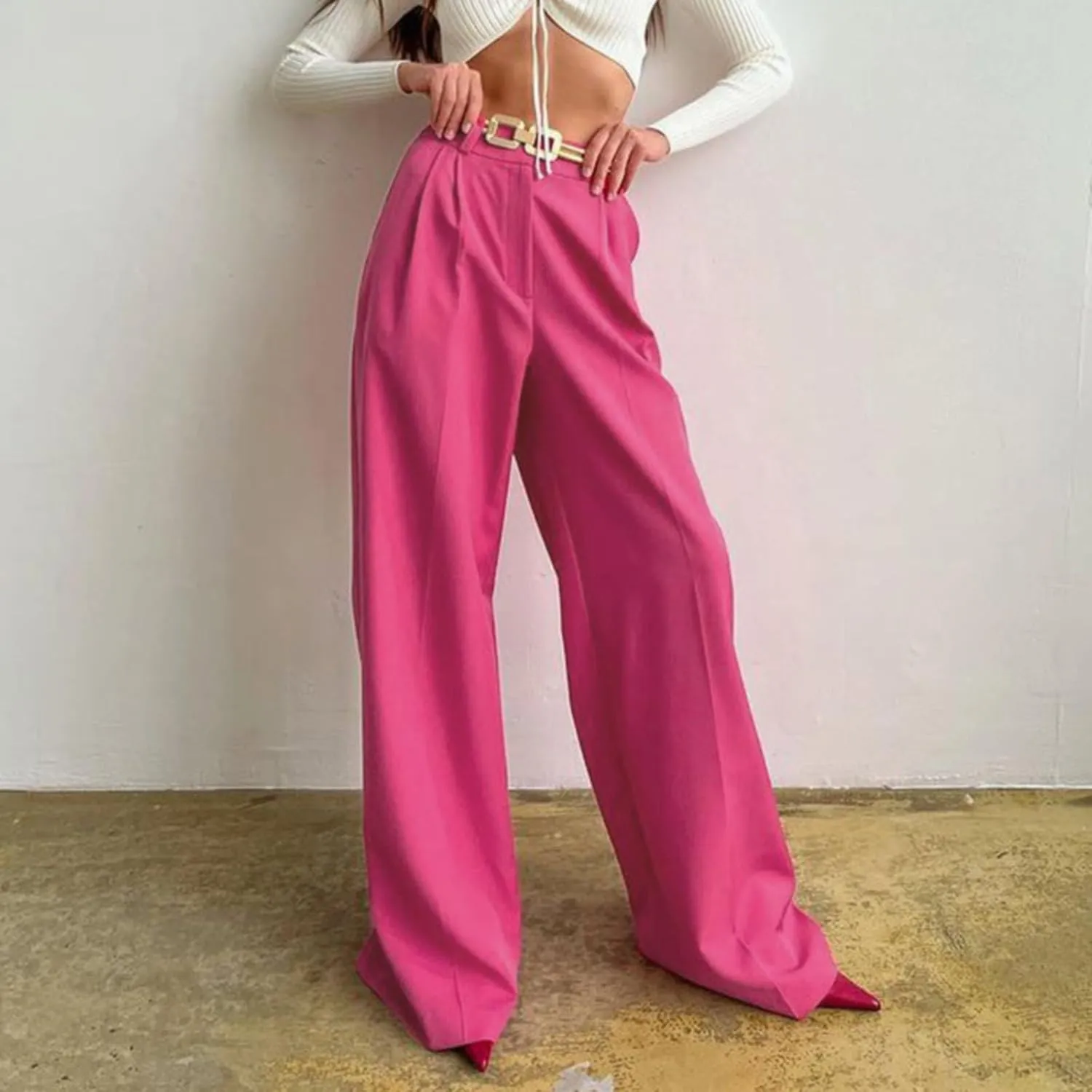 Wide Leg Long Trousers for Women Casual Loose Straight Leg High Waisted Dress Pants Work Office Business Pants with Pockets