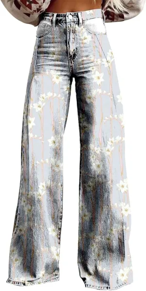 Wide Leg Pants for Women Vintage Printed High Waisted Button Down Loose Comfy Stretch Pants Fashion Vacation Trousers