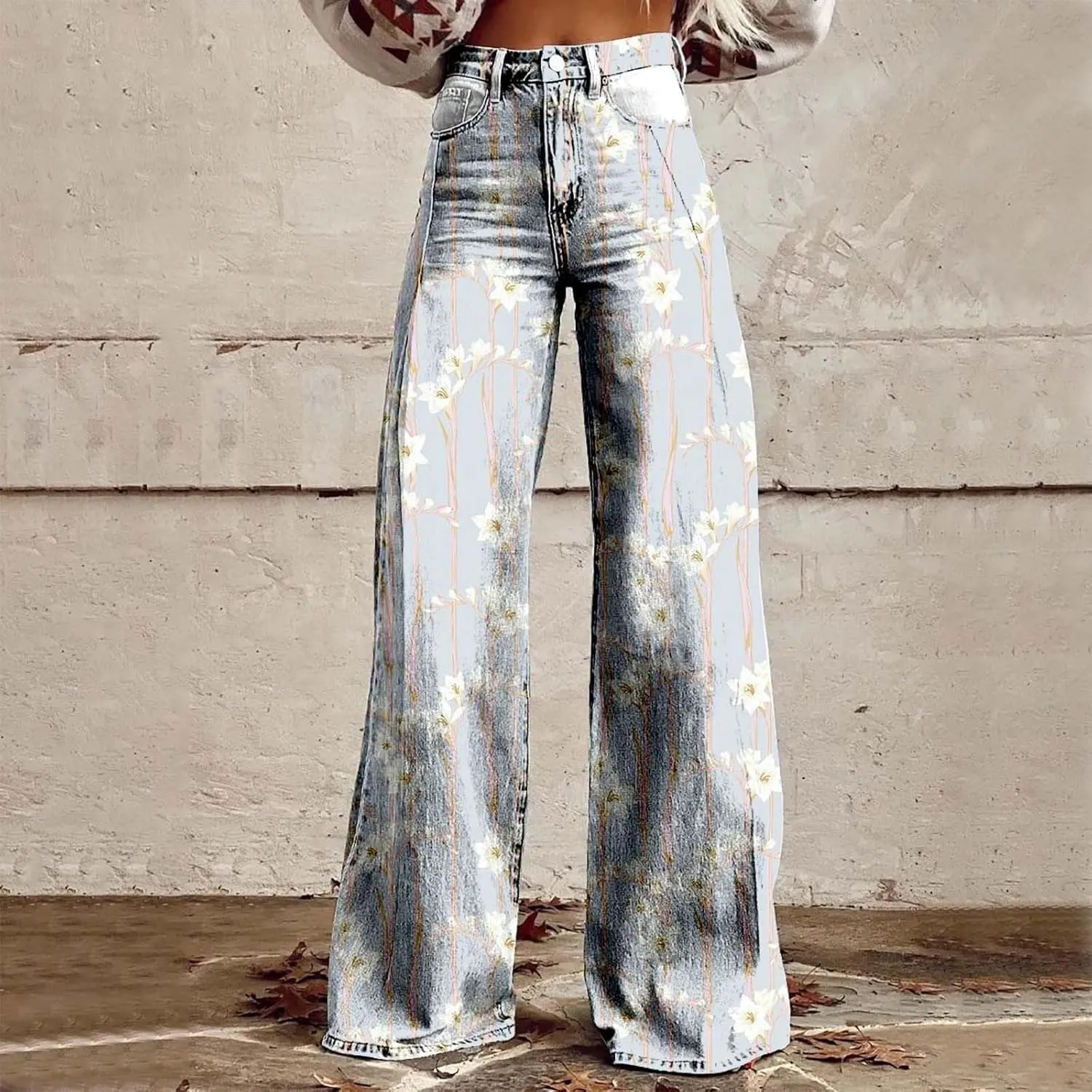 Wide Leg Pants for Women Vintage Printed High Waisted Button Down Loose Comfy Stretch Pants Fashion Vacation Trousers