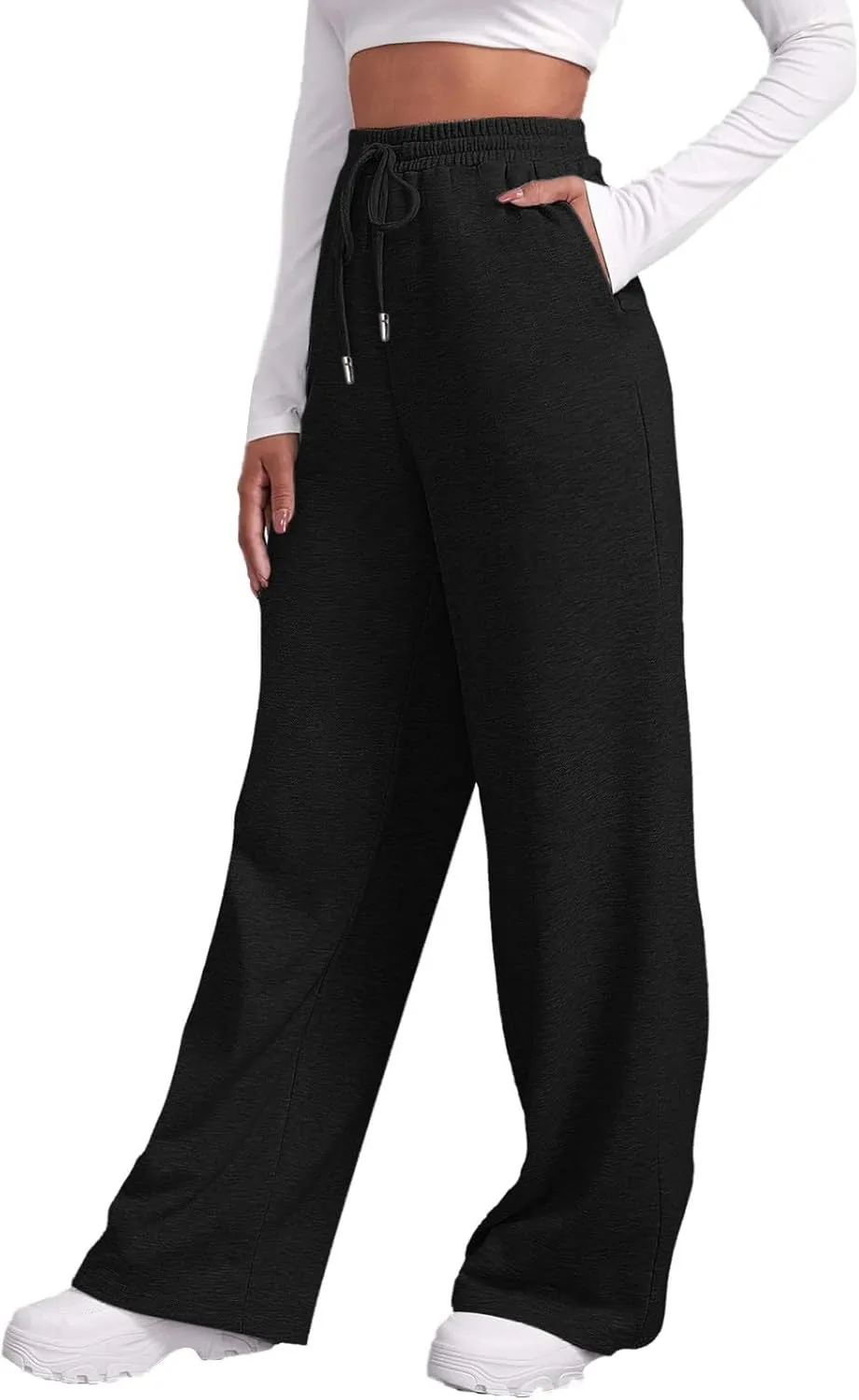 Wide Leg Sweatpants for Women Fleece Lined High Waisted Drawstring Joggers Comfy Lounge Workout Loose Pants with Pocket