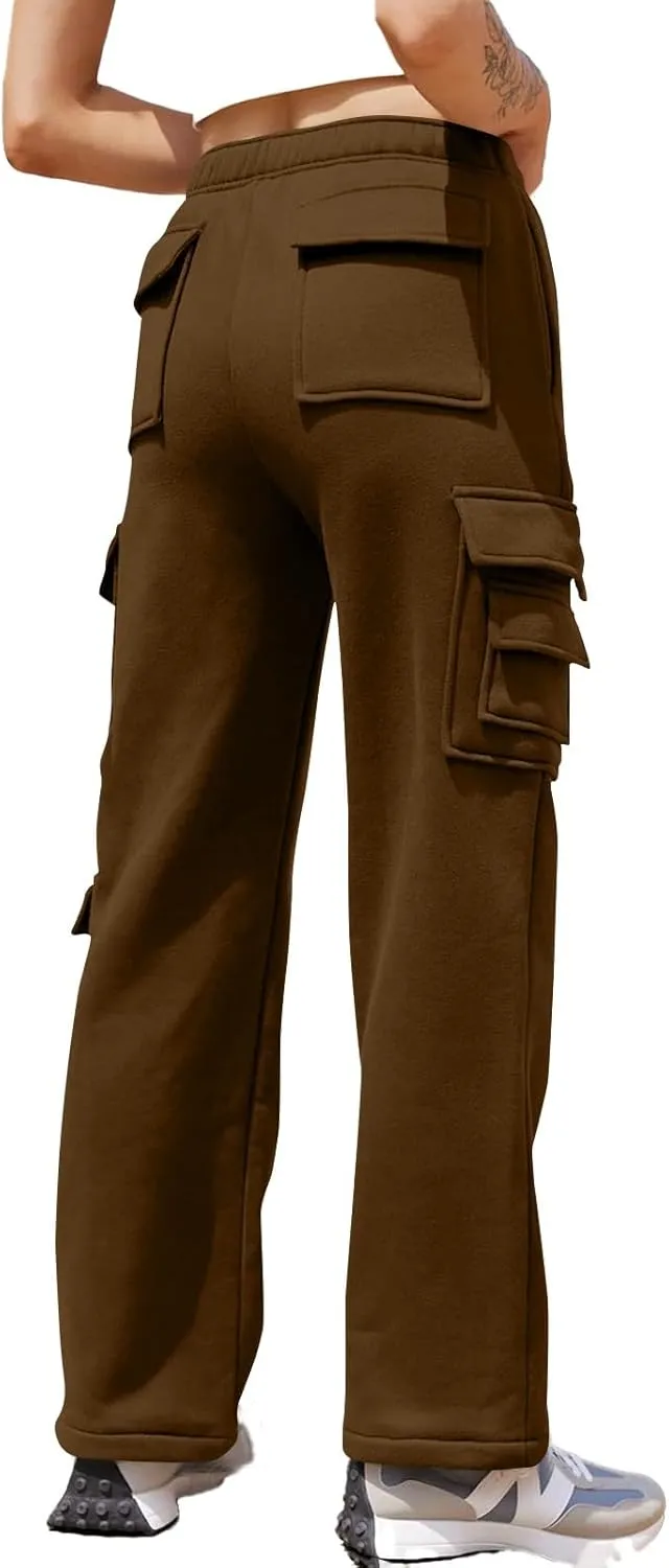 Wide Leg Sweatpants Women Baggy Elastic High Waisted Cargo Sweatpants Casual Comfy Fleece Joggers with Pockets