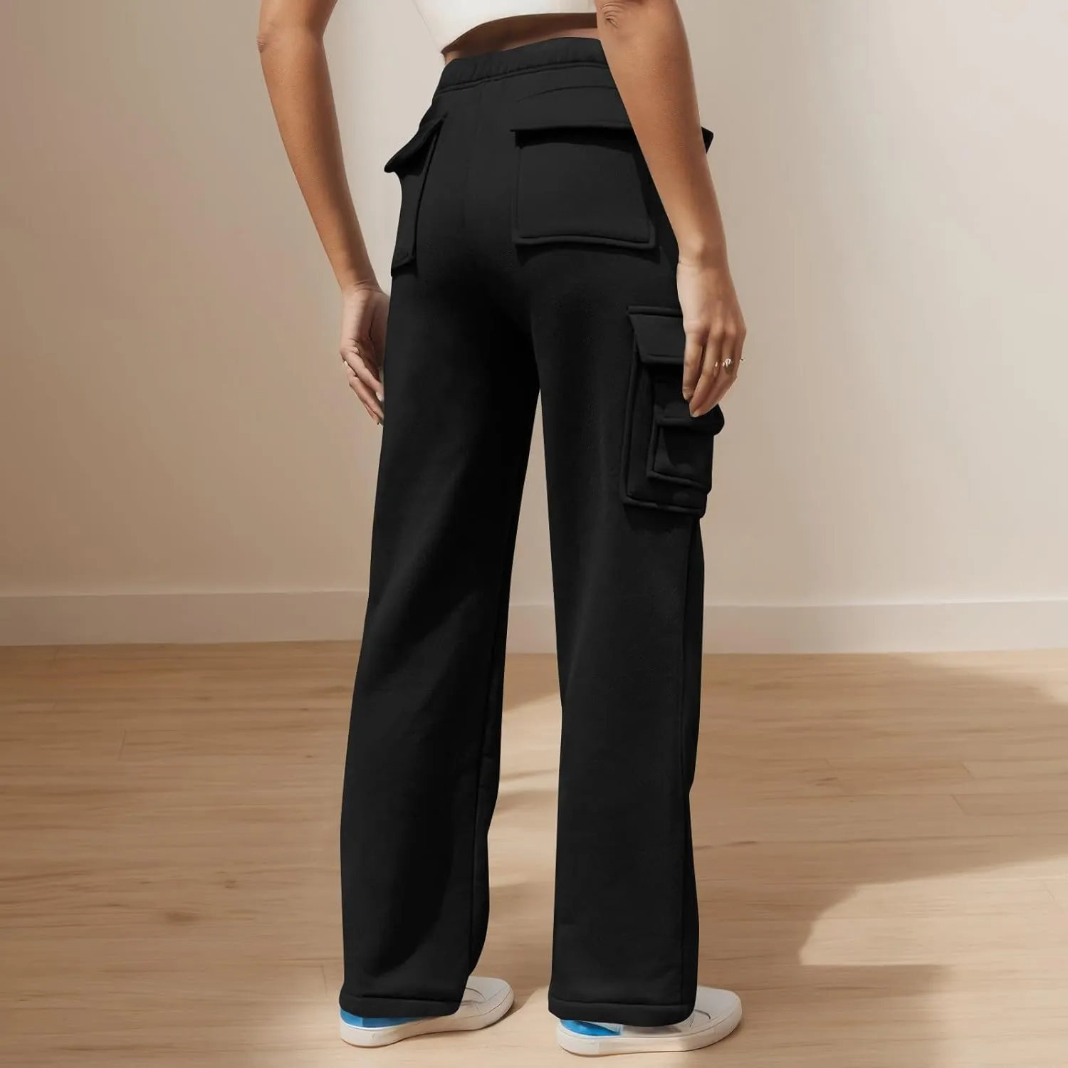 Wide Leg Sweatpants Women Baggy Elastic High Waisted Cargo Sweatpants Casual Comfy Fleece Joggers with Pockets