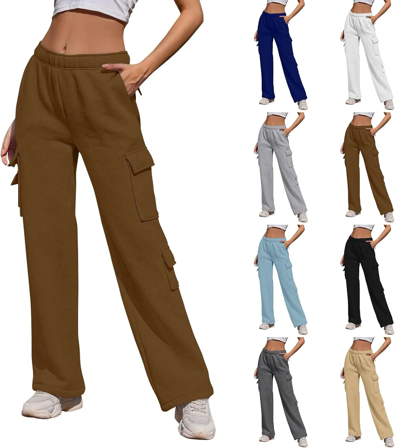 Wide Leg Sweatpants Women Baggy Elastic High Waisted Cargo Sweatpants Casual Comfy Fleece Joggers with Pockets