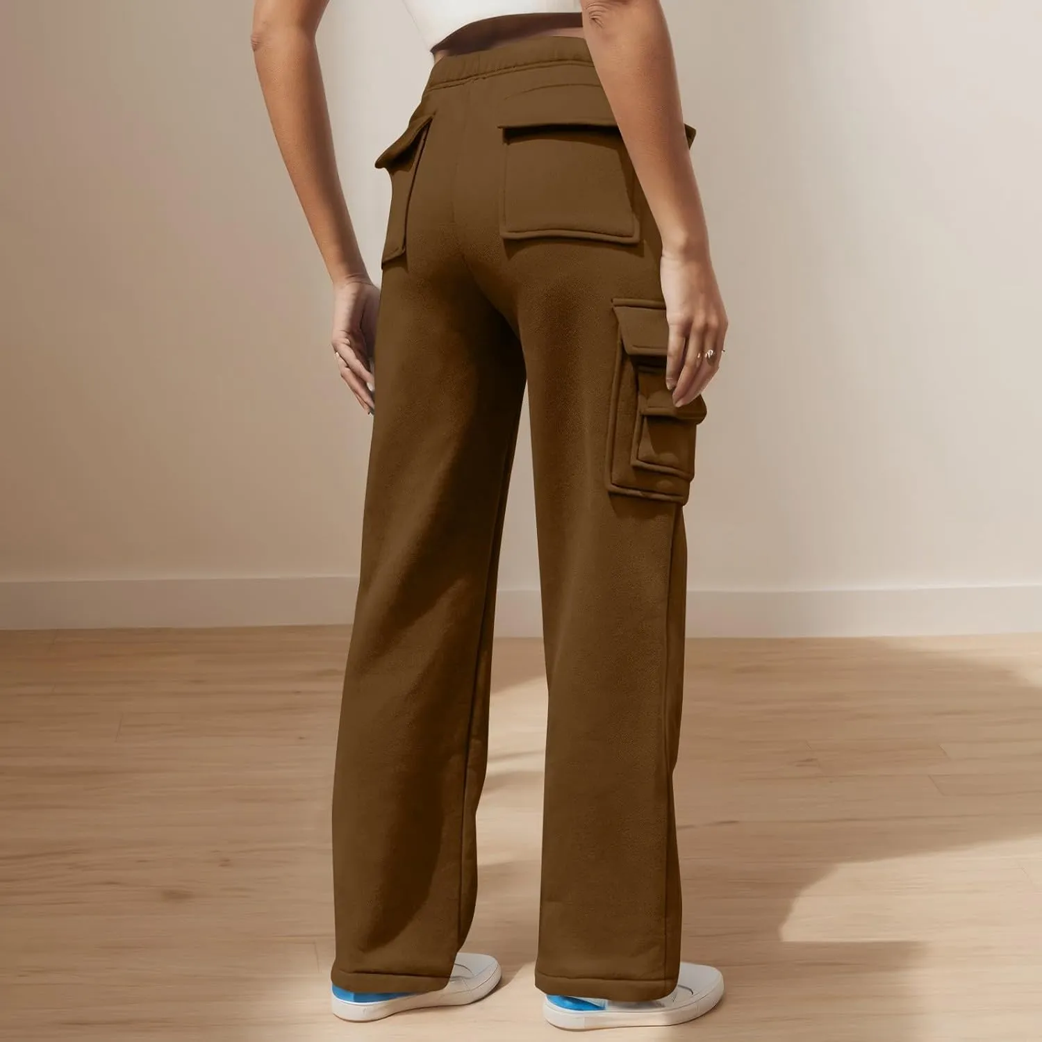Wide Leg Sweatpants Women Baggy Elastic High Waisted Cargo Sweatpants Casual Comfy Fleece Joggers with Pockets