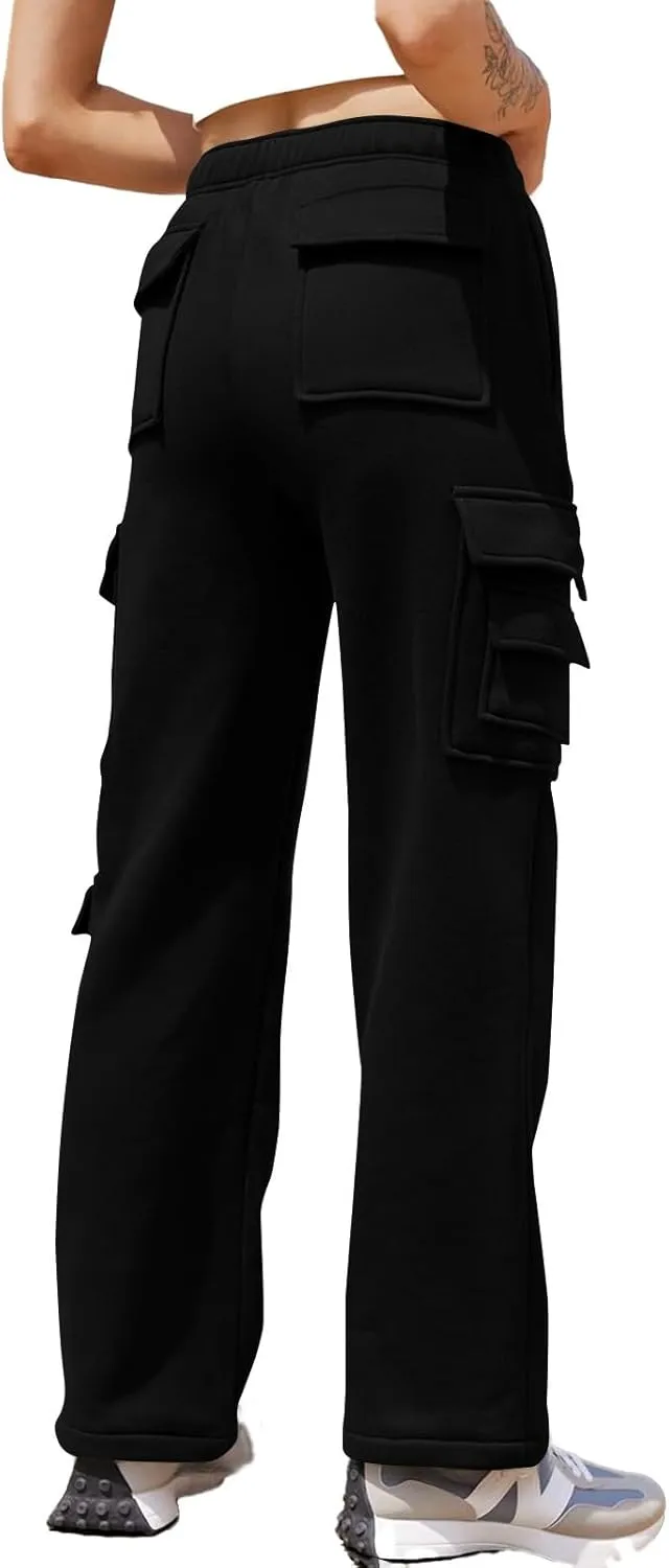 Wide Leg Sweatpants Women Baggy Elastic High Waisted Cargo Sweatpants Casual Comfy Fleece Joggers with Pockets