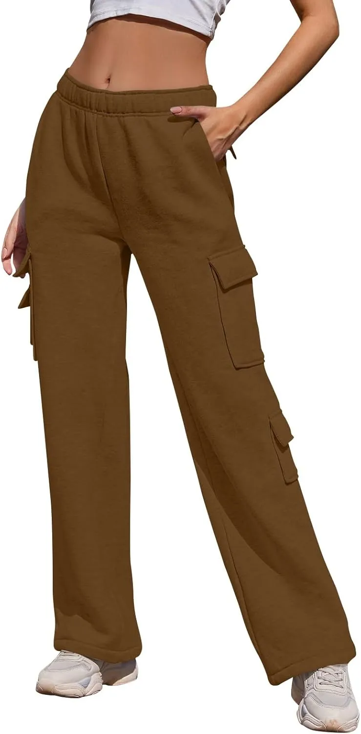 Wide Leg Sweatpants Women Baggy Elastic High Waisted Cargo Sweatpants Casual Comfy Fleece Joggers with Pockets
