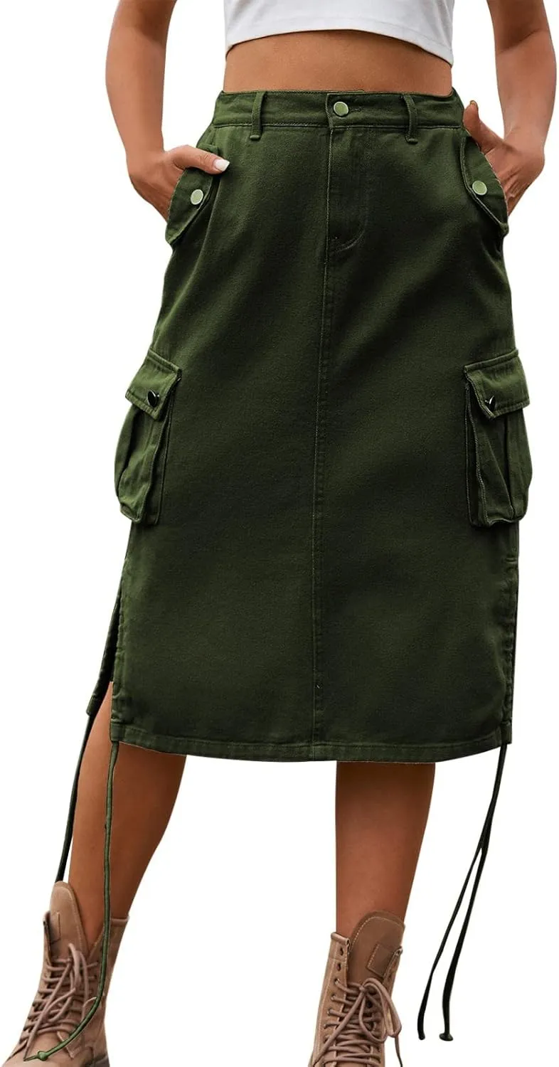Women Cargo Long Skirt Long Cargo Skirts for Women Drawstring Low Waist Long Cargo Skirt with Pockets Tennis