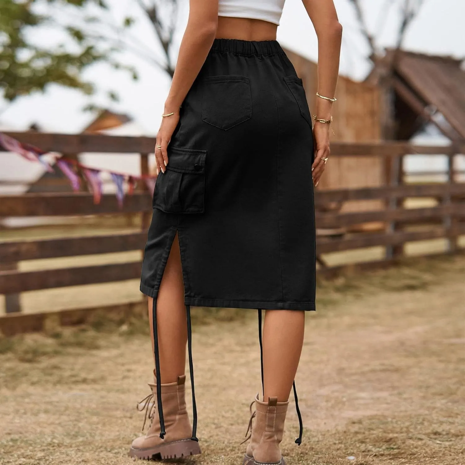 Women Cargo Long Skirt Long Cargo Skirts for Women Drawstring Low Waist Long Cargo Skirt with Pockets Tennis