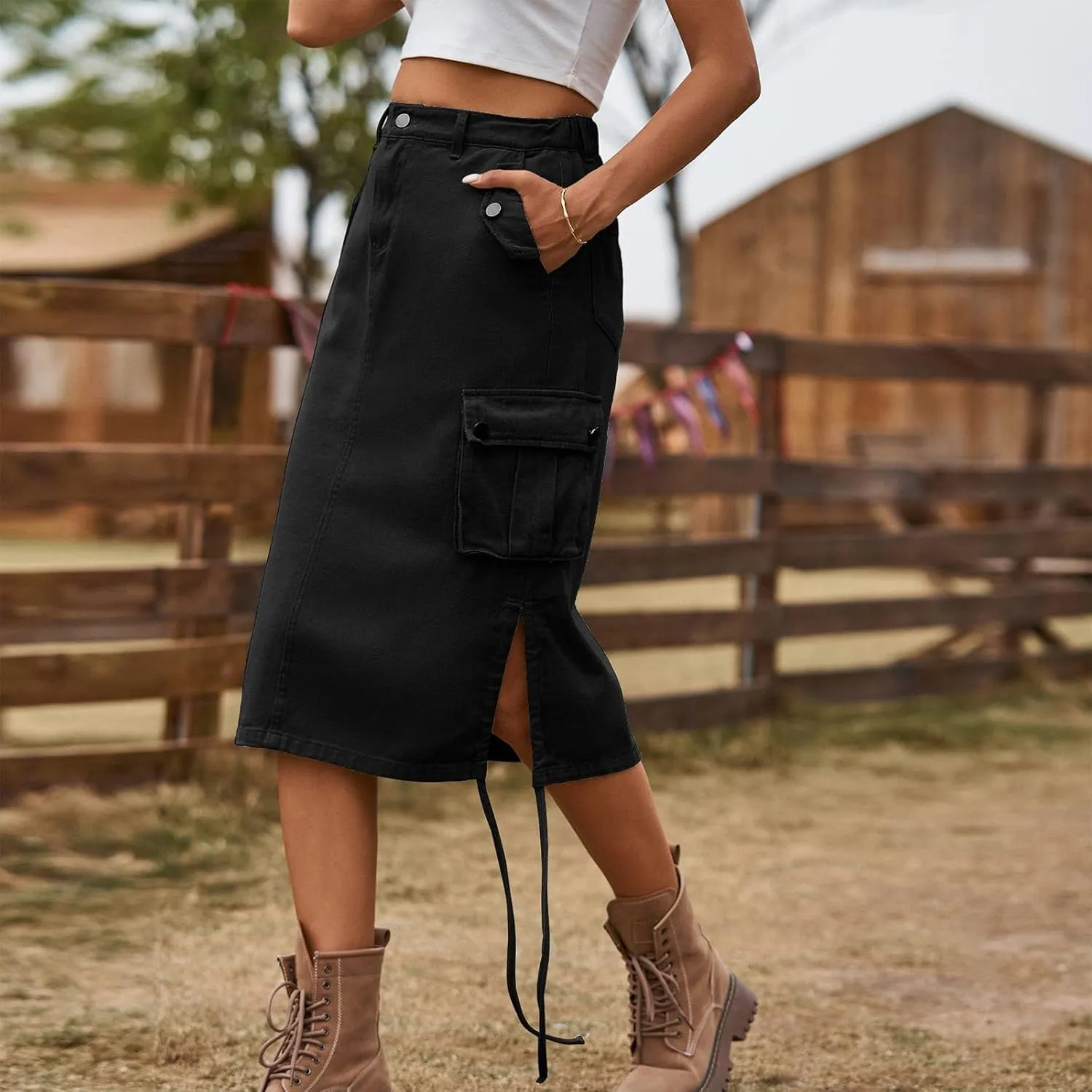 Women Cargo Long Skirt Long Cargo Skirts for Women Drawstring Low Waist Long Cargo Skirt with Pockets Tennis