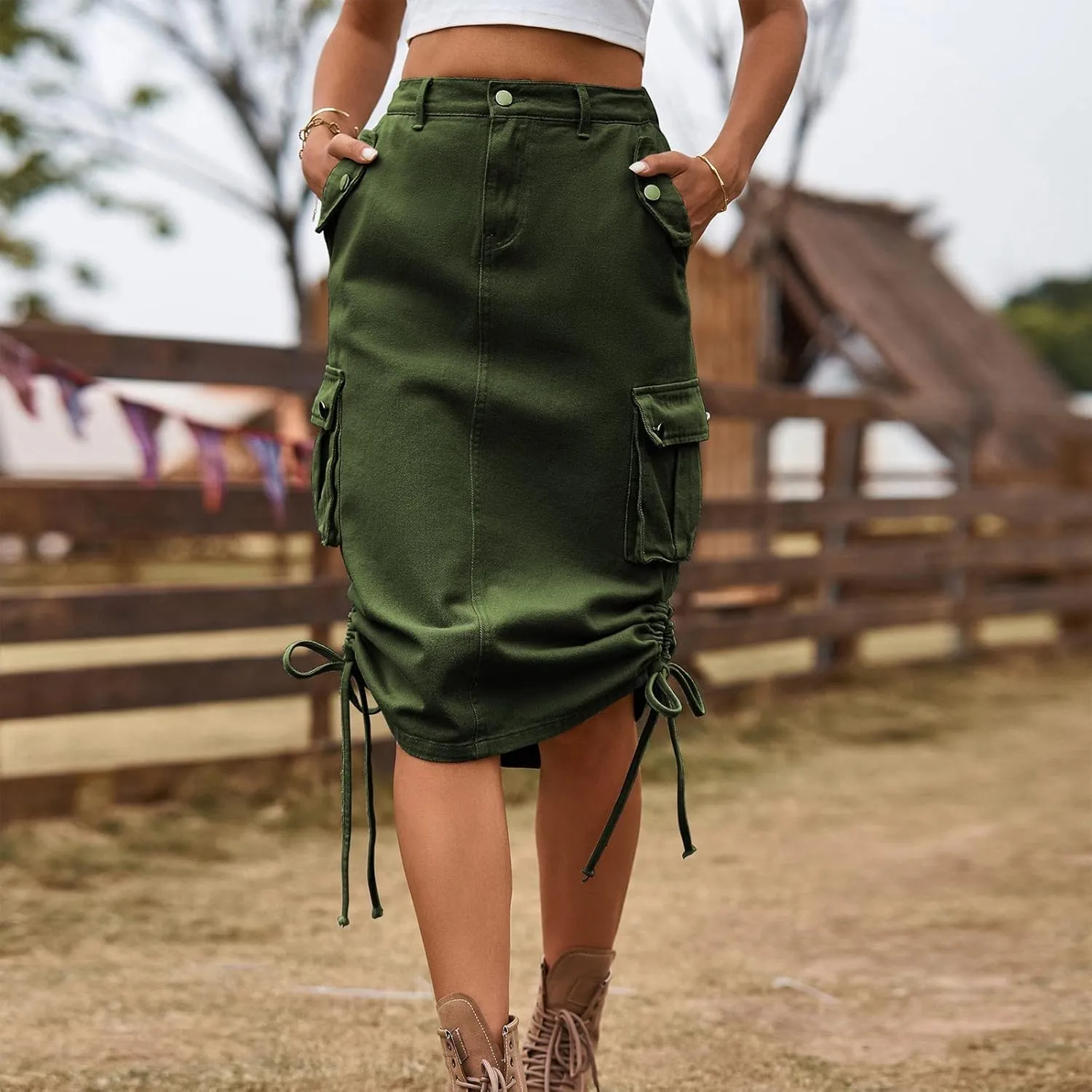 Women Cargo Long Skirt Long Cargo Skirts for Women Drawstring Low Waist Long Cargo Skirt with Pockets Tennis