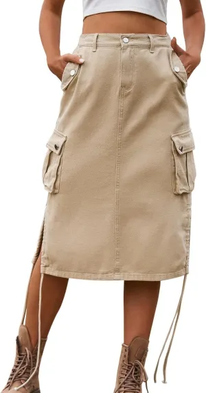 Women Cargo Long Skirt Long Cargo Skirts for Women Drawstring Low Waist Long Cargo Skirt with Pockets Tennis