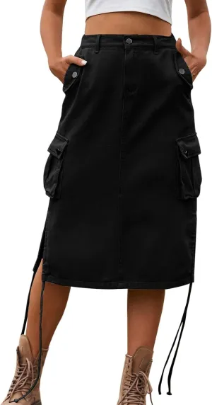 Women Cargo Long Skirt Long Cargo Skirts for Women Drawstring Low Waist Long Cargo Skirt with Pockets Tennis