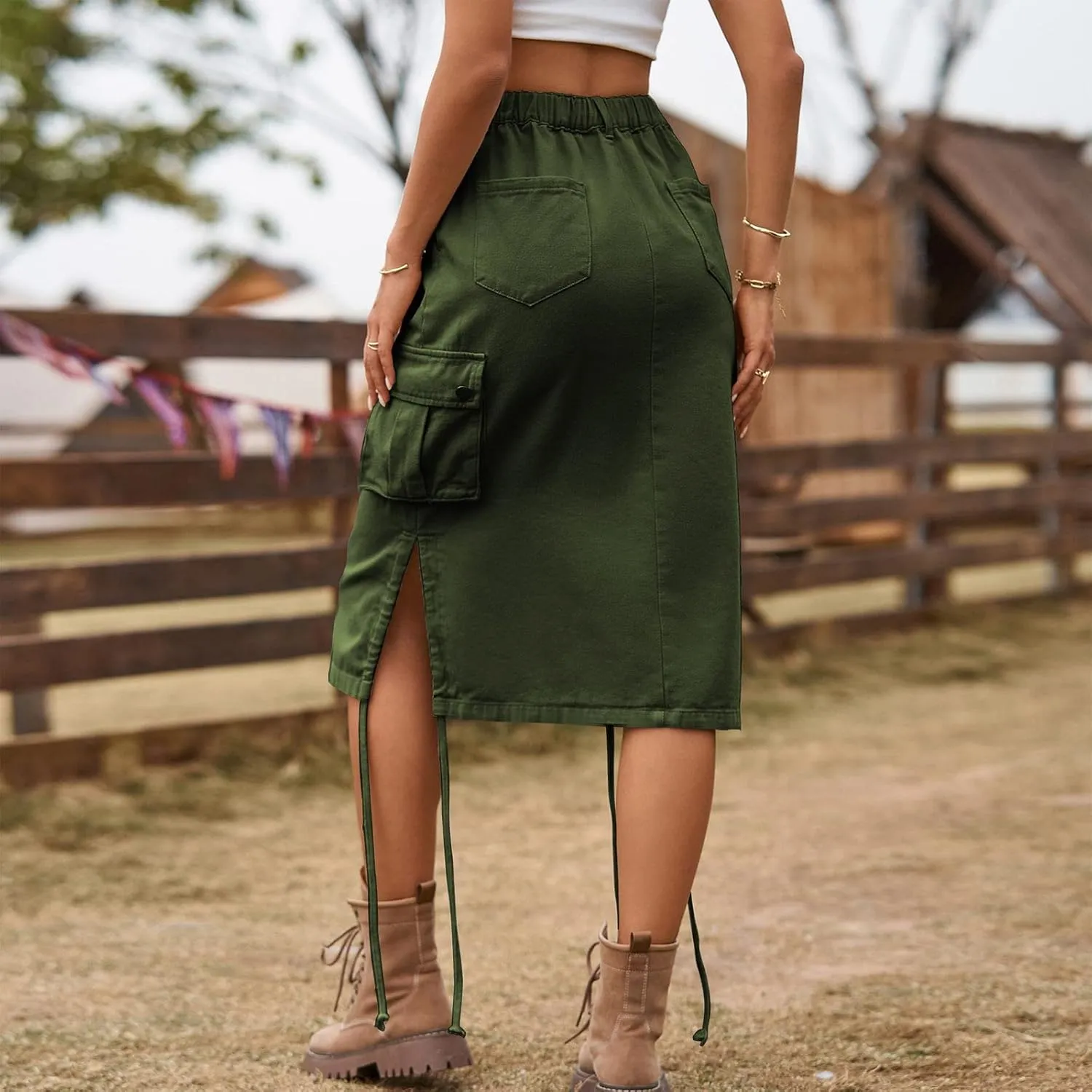 Women Cargo Long Skirt Long Cargo Skirts for Women Drawstring Low Waist Long Cargo Skirt with Pockets Tennis