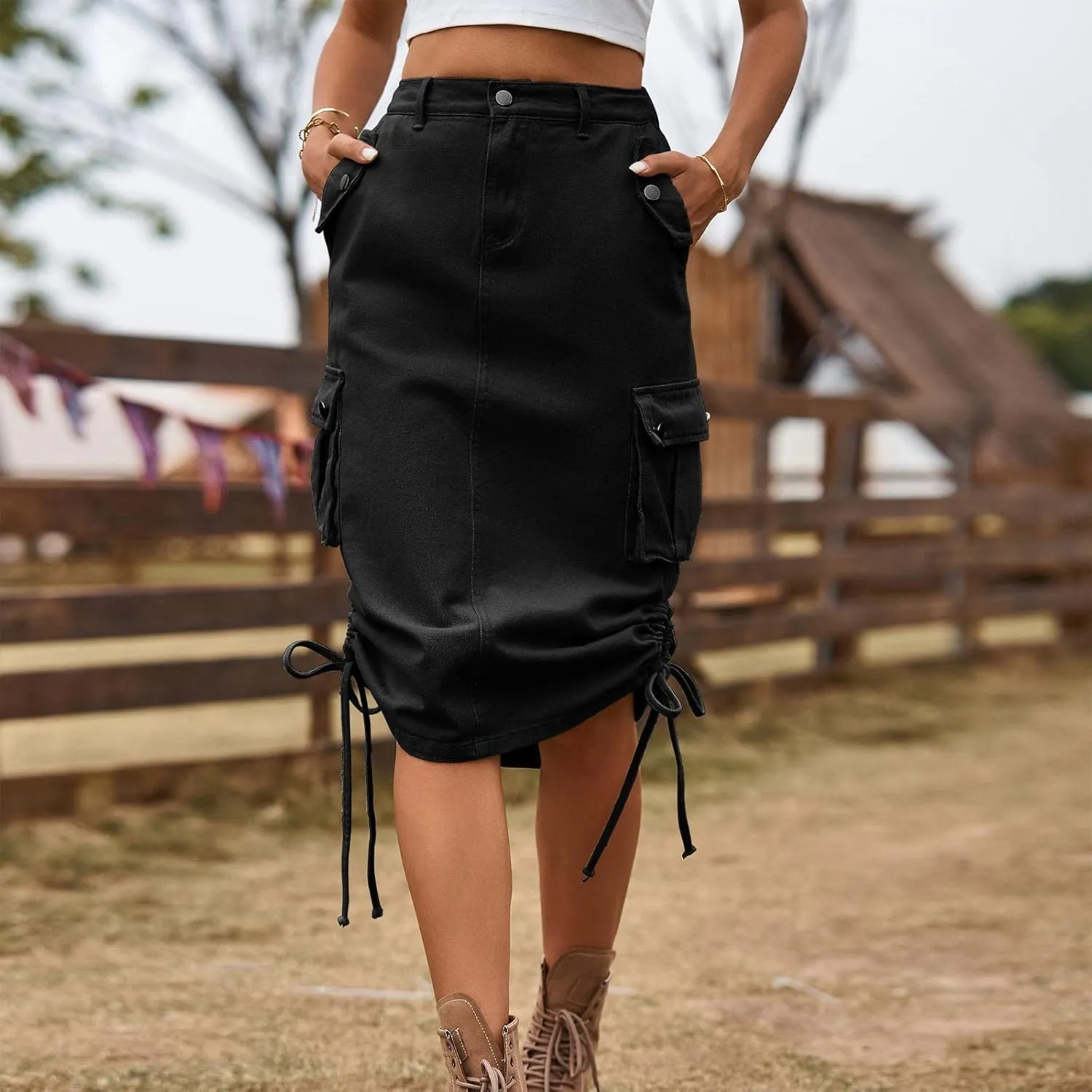 Women Cargo Long Skirt Long Cargo Skirts for Women Drawstring Low Waist Long Cargo Skirt with Pockets Tennis