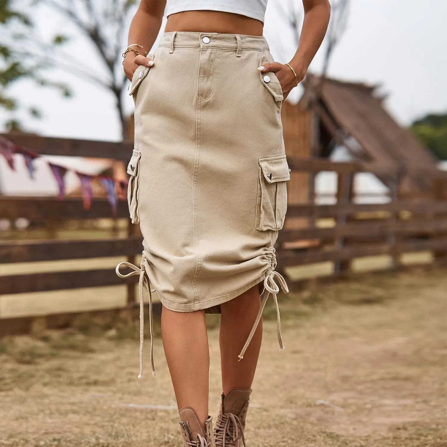 Women Cargo Long Skirt Long Cargo Skirts for Women Drawstring Low Waist Long Cargo Skirt with Pockets Tennis