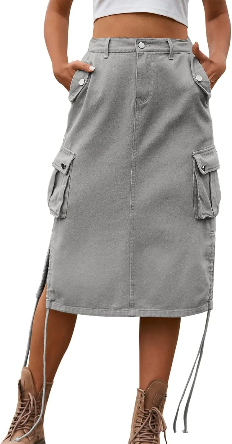 Women Cargo Long Skirt Long Cargo Skirts for Women Drawstring Low Waist Long Cargo Skirt with Pockets Tennis