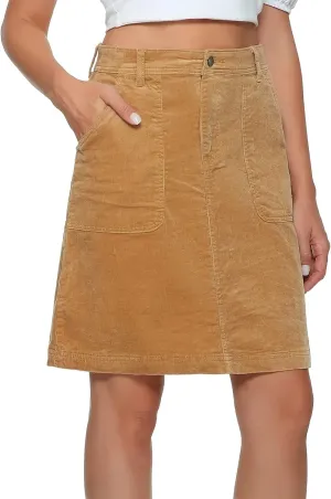 Women Corduroy Skirts Knee Length Ladies High Waisted Stretchy Denim Casual Mid Skirt Wiht Pockets